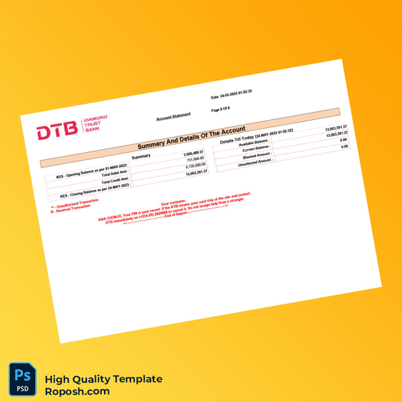 Kenya DTB Bank Statement Template in Word and PDF formats 8 page Kenya DTB Bank Statement Template in Word and PDF formats 8 page