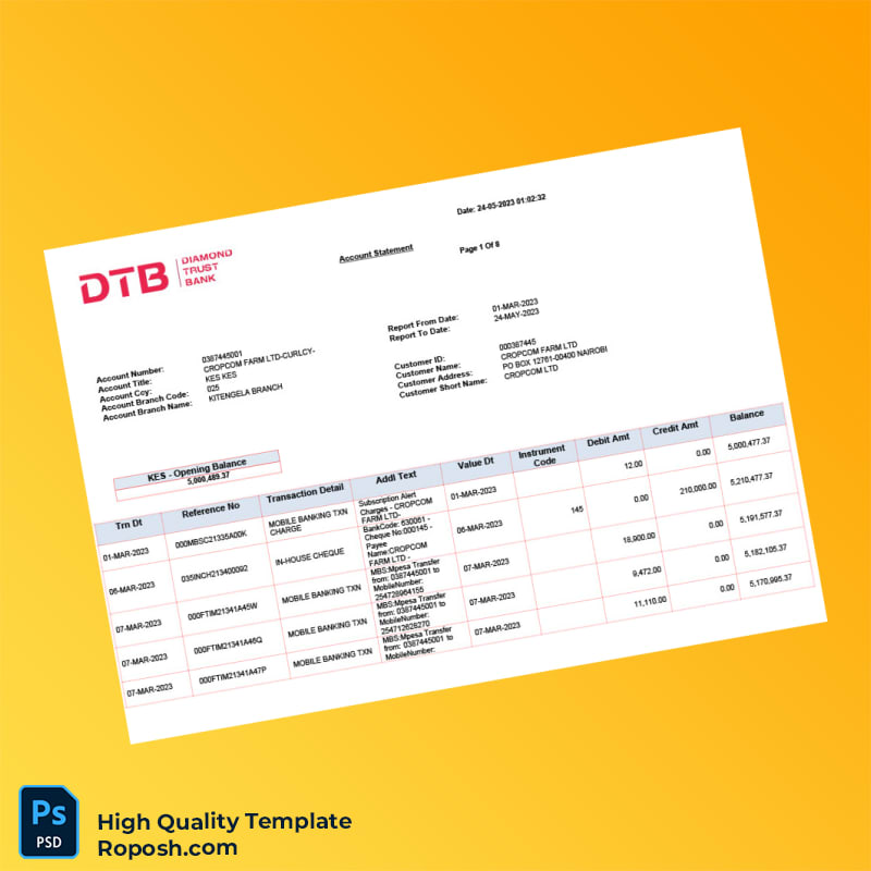 Kenya DTB Bank Statement Template in Word and PDF formats 8 page Kenya DTB Bank Statement Template in Word and PDF formats 8 page