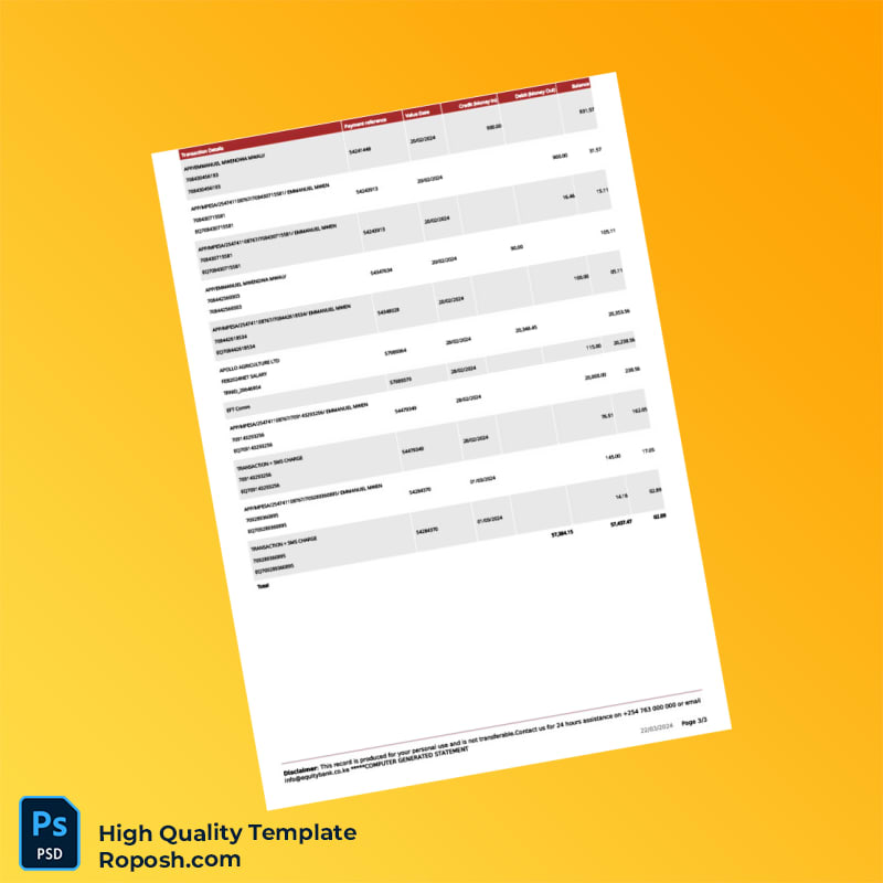 Kenya Editable Bank Statement Template in Word and PDF formats 3 page Kenya Editable Bank Statement Template in Word and PDF formats 3 page