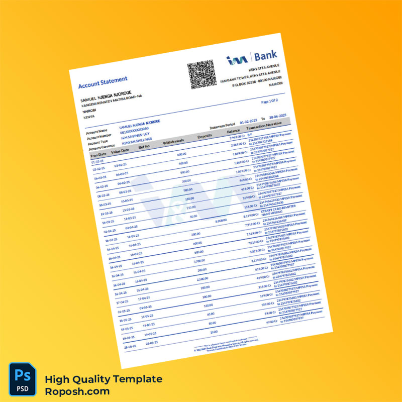 Kenya I M Bank Statement Template in Word and PDF formats 2 page Kenya I M Bank Statement Template in Word and PDF formats 2 page
