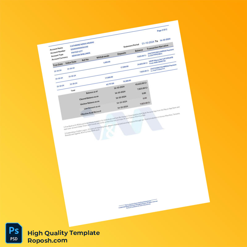 Kenya IM Bank Statement Template in Word and PDF formats 2 page Kenya IM Bank Statement Template in Word and PDF formats 2 page