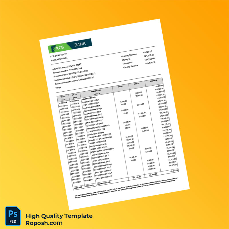 Kenya KCB Bank Bank Statement Template in Word and PDF formats Kenya KCB Bank Bank Statement Template in Word and PDF formats