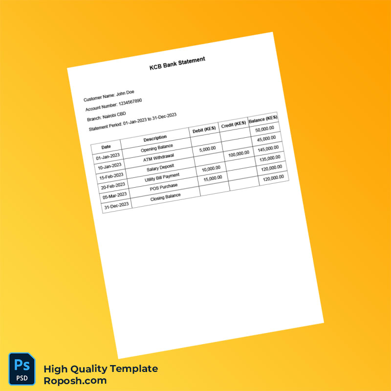 Kenya KCB Bank Editable Bank Statement Template in Word and PDF formats Kenya KCB Bank Editable Bank Statement Template in Word and PDF formats