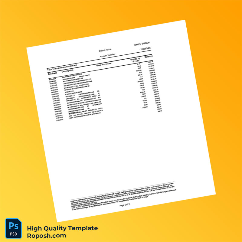 Kenya KCB Personal Account Statement Template in Word and PDF formats 2 page Kenya KCB Personal Account Statement Template in Word and PDF formats 2 page