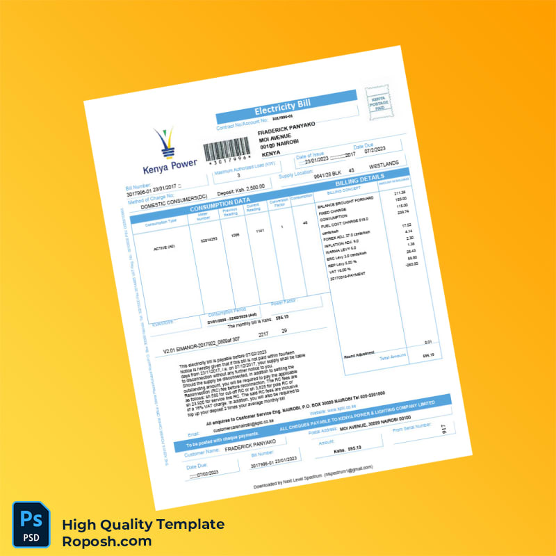 Kenya KPLC Editable Electricity Bill Template in Word and PDF formats 2 page Kenya KPLC Editable Electricity Bill Template in Word and PDF formats 2 page