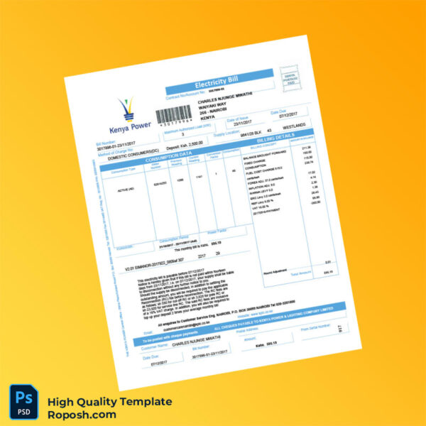 Kenya Kenya Power Editable Electricity Bill Template in Word and PDF formats