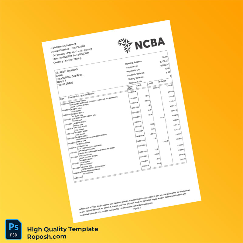 Kenya NCBA Bank Statement Template in Word and PDF formats Kenya NCBA Bank Statement Template in Word and PDF formats
