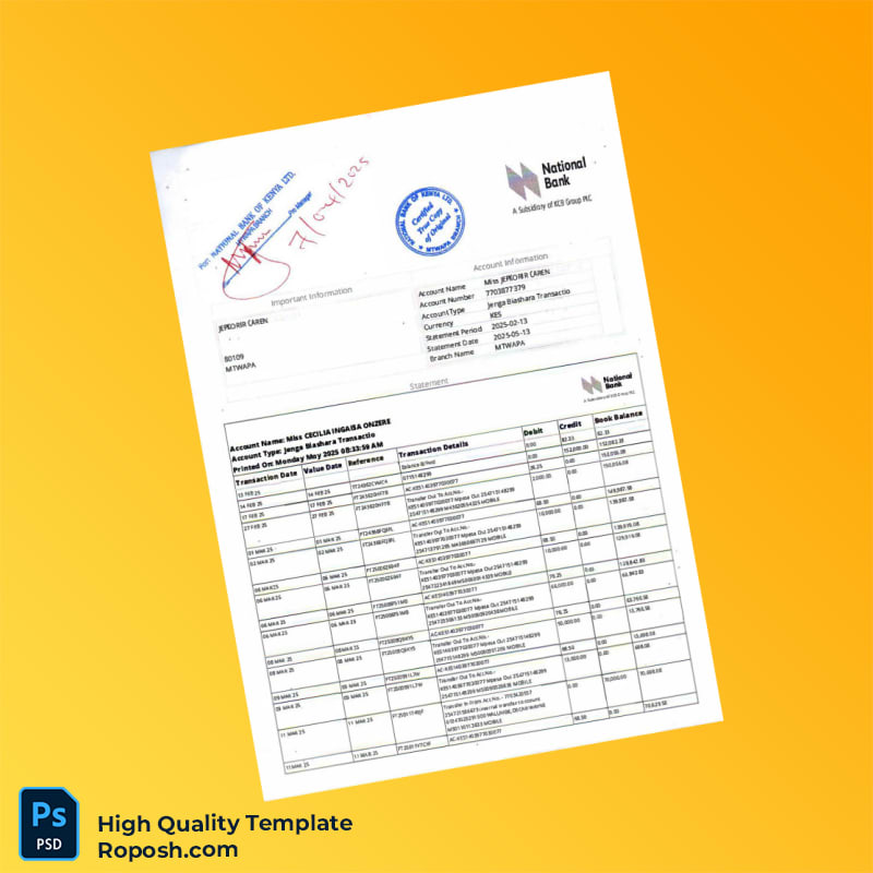 Kenya National Bank Statement Template in Word and PDF formats 3 page Kenya National Bank Statement Template in Word and PDF formats 3 page