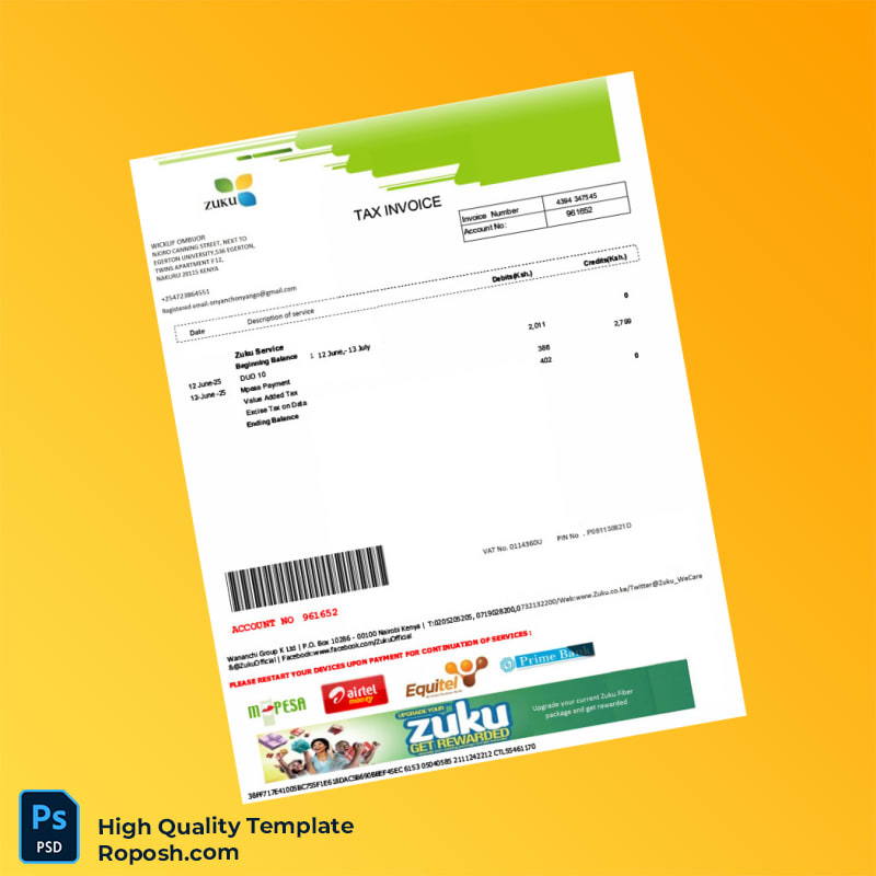 Kenya Wananchi Group K Ltd Editable Internet Bill Template in Word and PDF formats 2 page Kenya Wananchi Group K Ltd Editable Internet Bill Template in Word and PDF formats 2 page