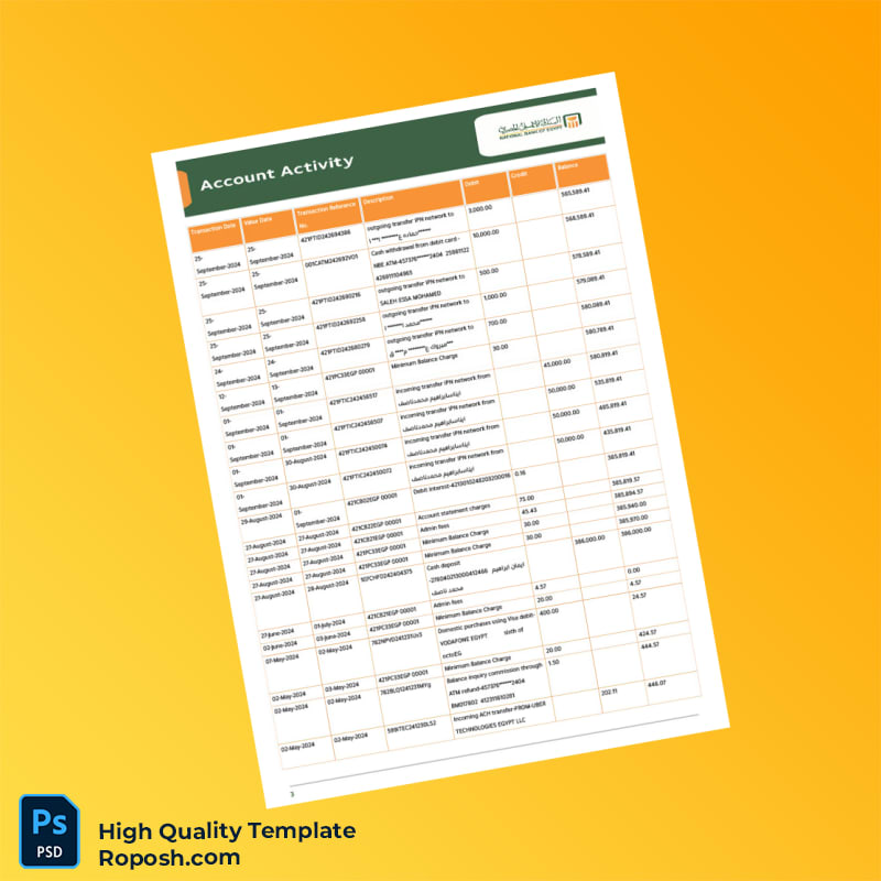 Kuwait National Bank Bank Statement Template in Word and PDF formats 3 page Kuwait National Bank Bank Statement Template in Word and PDF formats 3 page