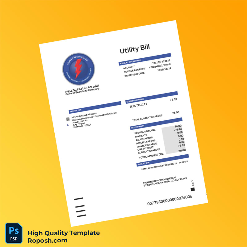 Libya General Electricity Company Editable Electricity Bill Template in Word and PDF formats Libya General Electricity Company Editable Electricity Bill Template in Word and PDF formats