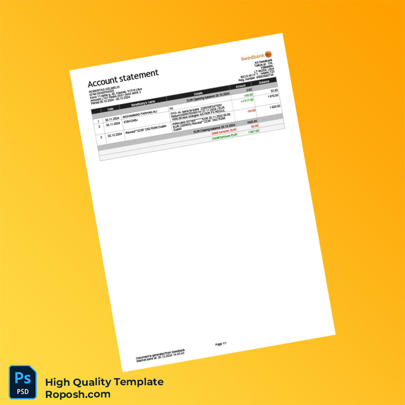Lithuania Swedbank Bank Statement Template in Word and PDF formats Lithuania Swedbank Bank Statement Template in Word and PDF formats