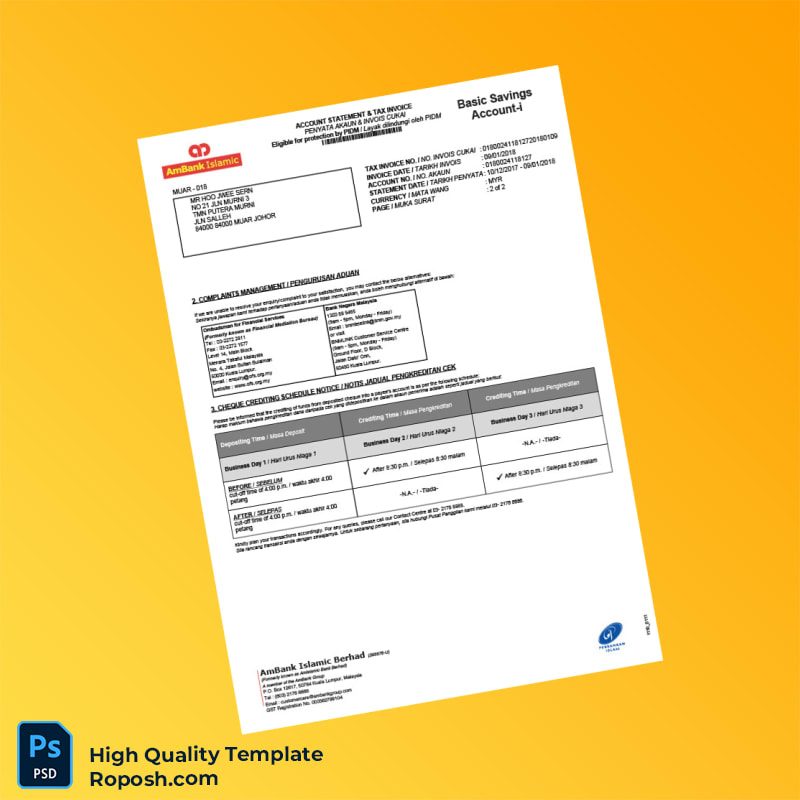 Malaysia AmBank Bank Statement Template in Word and PDF formats 2 page Malaysia AmBank Bank Statement Template in Word and PDF formats 2 page