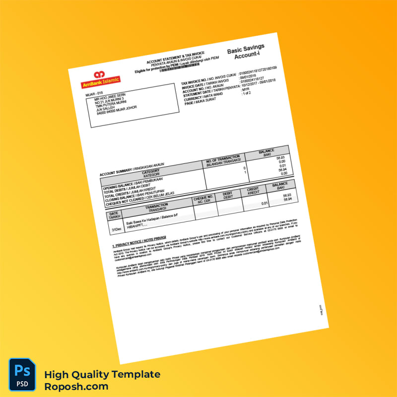Malaysia AmBank Bank Statement Template in Word and PDF formats 2 page Malaysia AmBank Bank Statement Template in Word and PDF formats 2 page