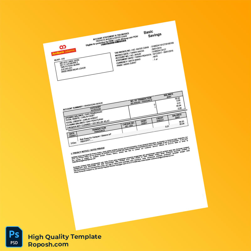 Malaysia AmBank Islamic Account Statement and Tax Invoice Template in Word and PDF formats 2 page Malaysia AmBank Islamic Account Statement and Tax Invoice Template in Word and PDF formats 2 page