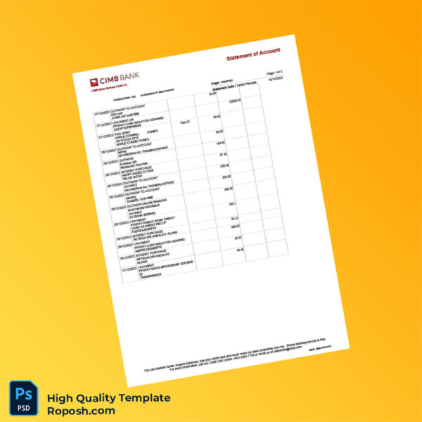 Malaysia CMB Bank Statement Template in Word and PDF formats 3 page