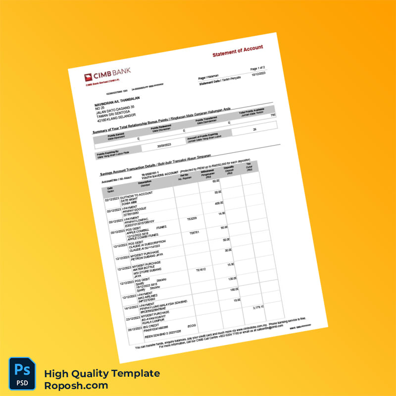 Malaysia CMB Bank Statement Template in Word and PDF formats 3 page Malaysia CMB Bank Statement Template in Word and PDF formats 3 page