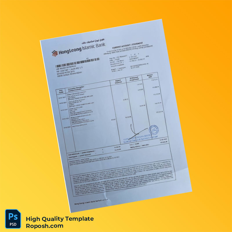 Malaysia Hong Leong Islamic Bank Berhad Account Statement Template in Word and PDF formats 3 page Malaysia Hong Leong Islamic Bank Berhad Account Statement Template in Word and PDF formats 3 page