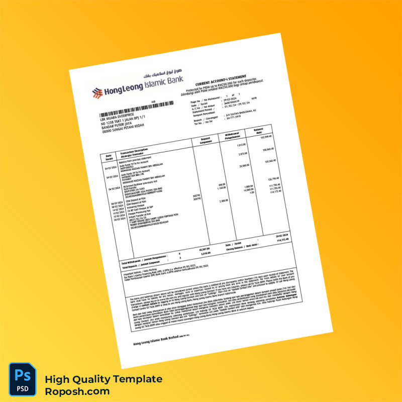 Malaysia Hong Leong Islamic Bank Statement Template in Word and PDF formats 3 page Malaysia Hong Leong Islamic Bank Statement Template in Word and PDF formats 3 page
