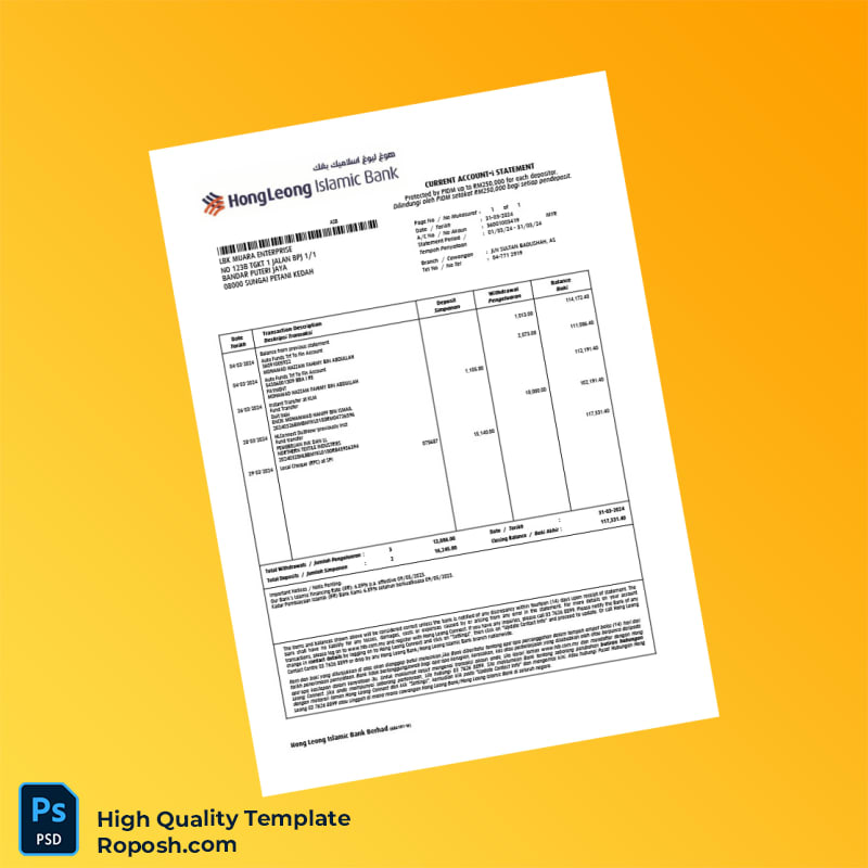 Malaysia Hong Leong Islamic Bank Statement Template in Word and PDF formats 3 page Malaysia Hong Leong Islamic Bank Statement Template in Word and PDF formats 3 page