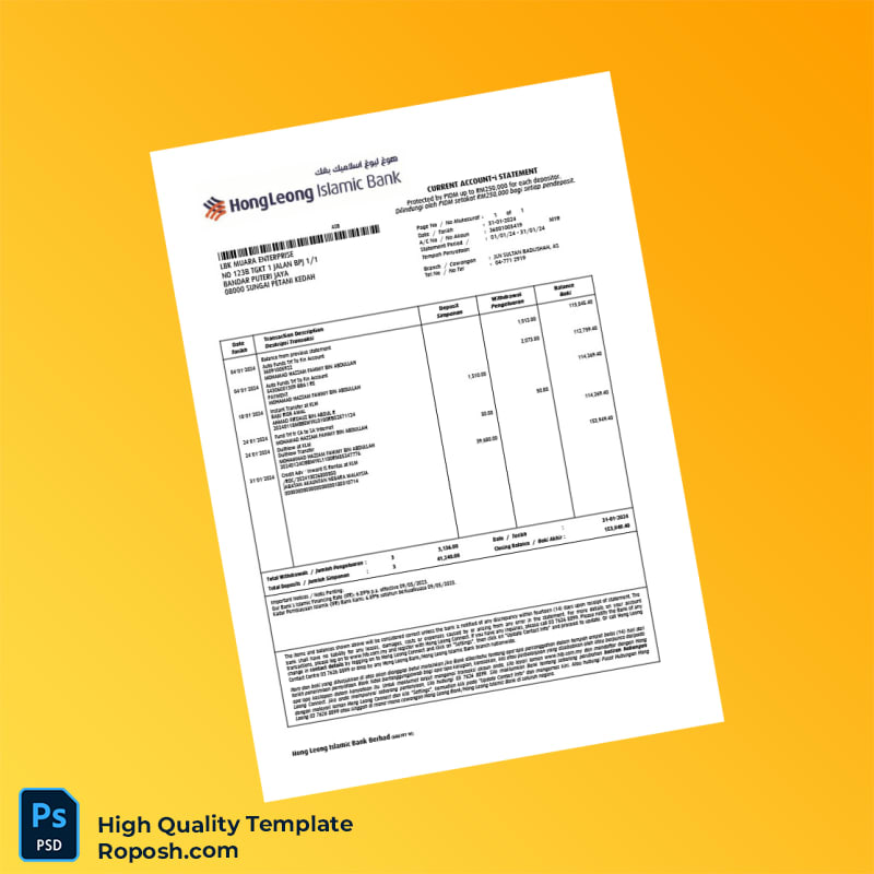 Malaysia Hong Leong Islamic Bank Statement Template in Word and PDF formats 3 page Malaysia Hong Leong Islamic Bank Statement Template in Word and PDF formats 3 page