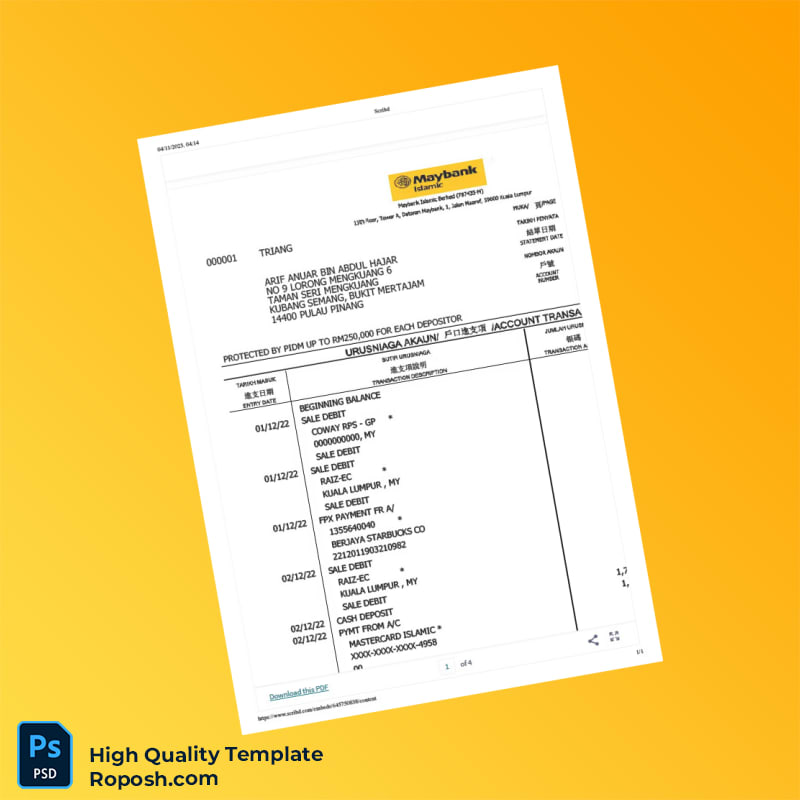 Malaysia Maybank Bank Statement Template in Word and PDF formats Malaysia Maybank Bank Statement Template in Word and PDF formats