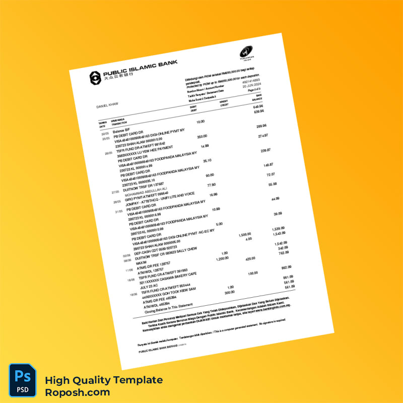 Malaysia Public Islamic Bank Bank Statement Template in Word and PDF formats 3 page Malaysia Public Islamic Bank Bank Statement Template in Word and PDF formats 3 page