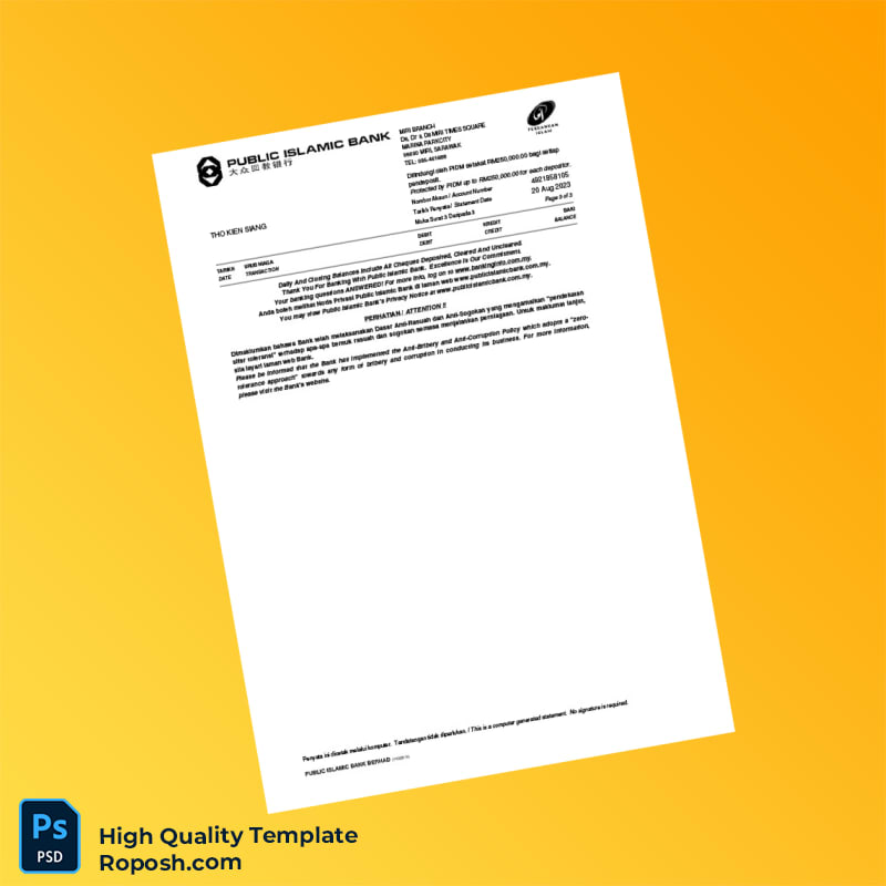 Malaysia Public Islamic Bank Bank Statement Template in Word and PDF formats 3 page Malaysia Public Islamic Bank Bank Statement Template in Word and PDF formats 3 page