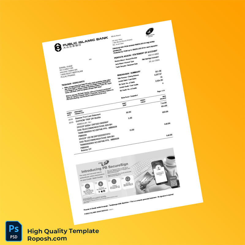 Malaysia Public Islamic Bank Bank Statement Template in Word and PDF formats 3 page Malaysia Public Islamic Bank Bank Statement Template in Word and PDF formats 3 page