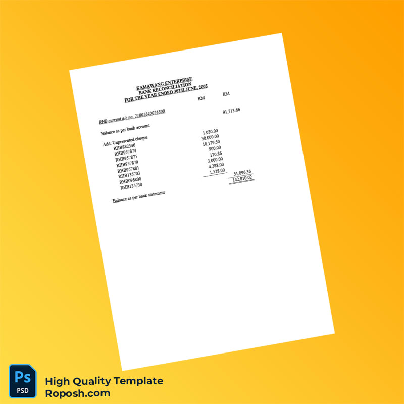 Malaysia RHB Bank Reconciliation Template in Word and PDF formats 2 page Malaysia RHB Bank Reconciliation Template in Word and PDF formats 2 page