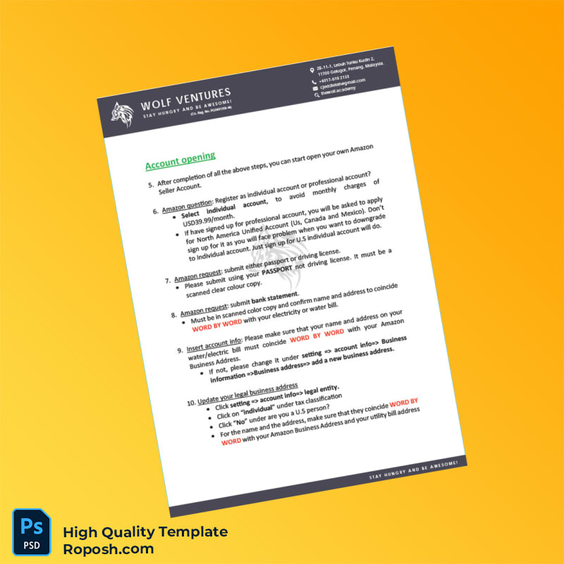 Malaysia Wolf Ventures Editable Amazon Seller Account Opening Template in Word and PDF formats 4 page Malaysia Wolf Ventures Editable Amazon Seller Account Opening Template in Word and PDF formats 4 page