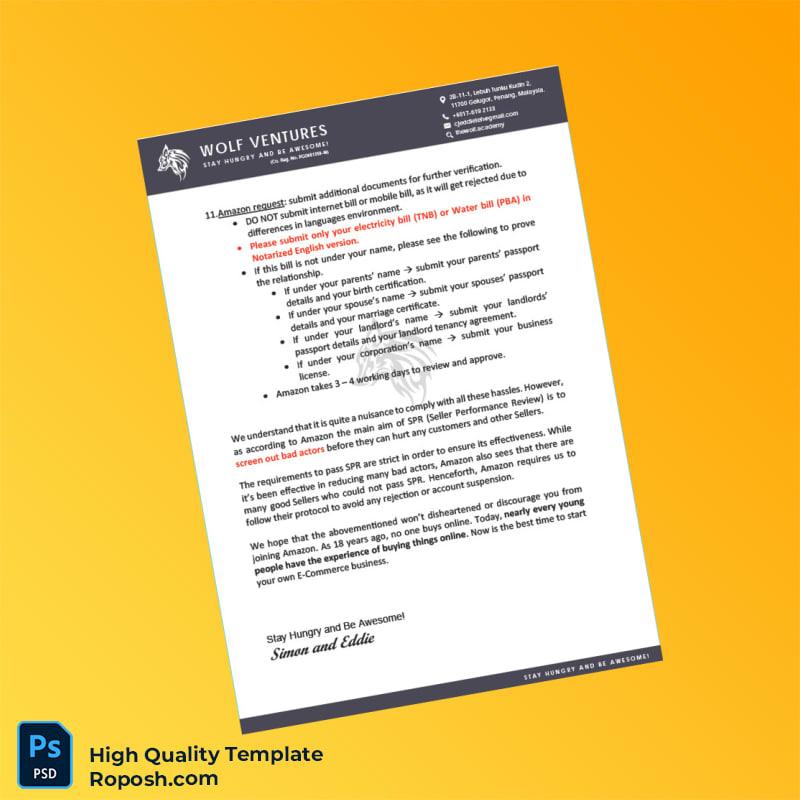 Malaysia Wolf Ventures Editable Amazon Seller Account Opening Template in Word and PDF formats 4 page Malaysia Wolf Ventures Editable Amazon Seller Account Opening Template in Word and PDF formats 4 page