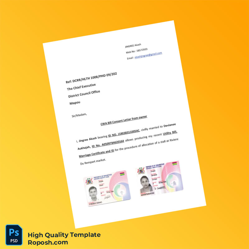 Mauritius District Council Office Mapou Editable CWA Bill Consent Letter Template in Word and PDF formats Mauritius District Council Office Mapou Editable CWA Bill Consent Letter Template in Word and PDF formats