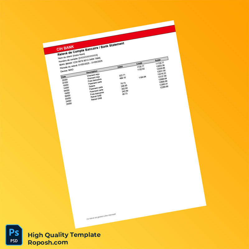 Morocco CIH Bank Statement Template in Word and PDF formats Morocco CIH Bank Statement Template in Word and PDF formats