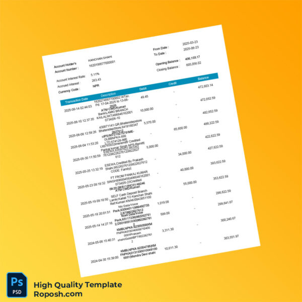 Nepal Electronic Account Statement Template in Word and PDF formats 5 page