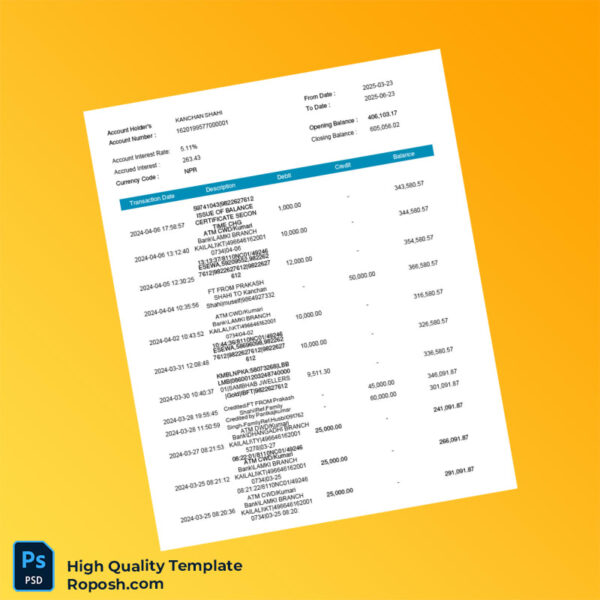 Nepal Electronic Account Statement Template in Word and PDF formats 5 page