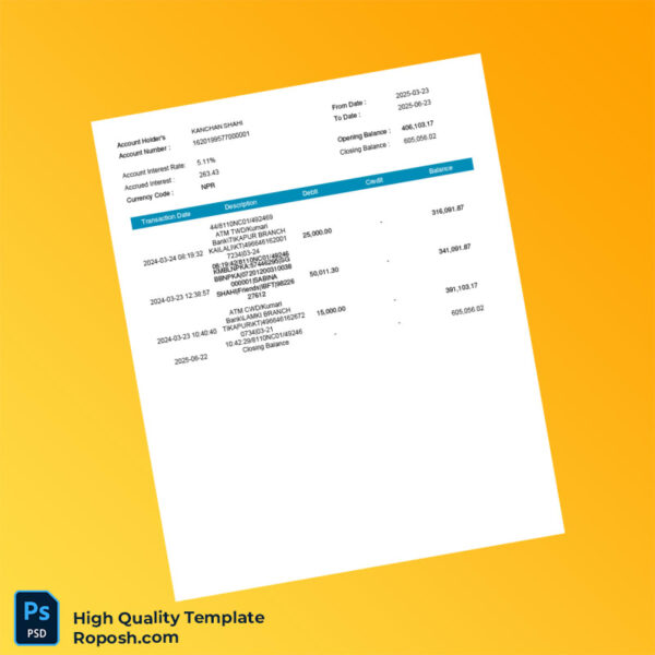 Nepal Electronic Account Statement Template in Word and PDF formats 5 page