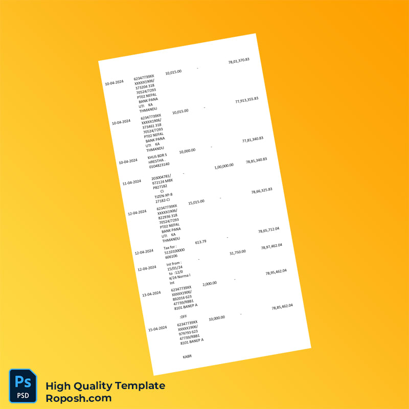 Nepal PTI Bank Nepal Account Statement Template in Word and PDF formats 3 page Nepal PTI Bank Nepal Account Statement Template in Word and PDF formats 3 page
