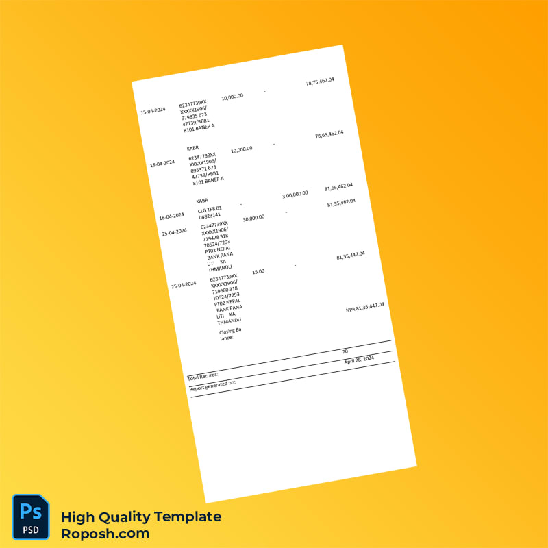 Nepal PTI Bank Nepal Account Statement Template in Word and PDF formats 3 page Nepal PTI Bank Nepal Account Statement Template in Word and PDF formats 3 page