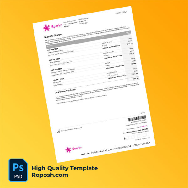 New Zealand Auckland Spark New Zealand Trading Ltd Editable Mobile and Broadband Bill Template in Word and PDF formats