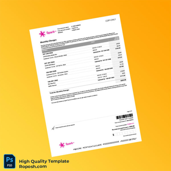 New Zealand Spark Editable Billing Summary Template in Word and PDF formats 2 page