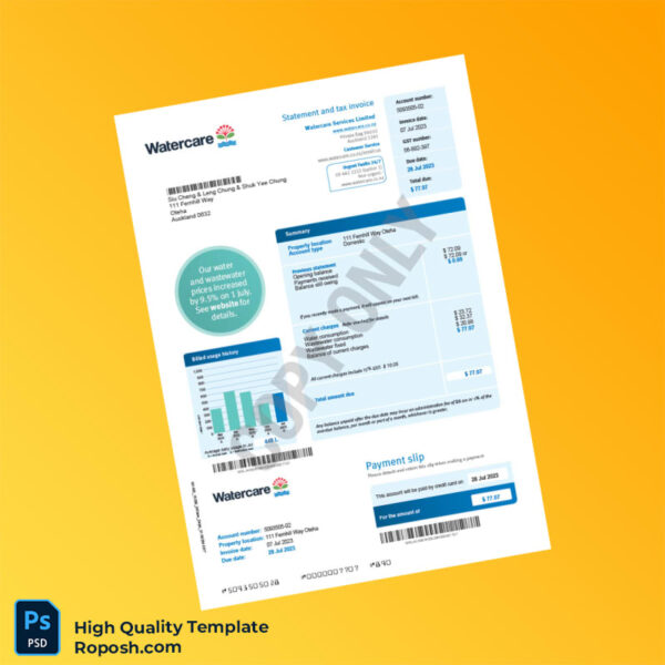 New Zealand Watercare Services Editable Water Bill Template in Word and PDF formats 2 page