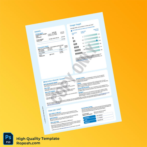 New Zealand Watercare Services Editable Water Bill Template in Word and PDF formats 2 page