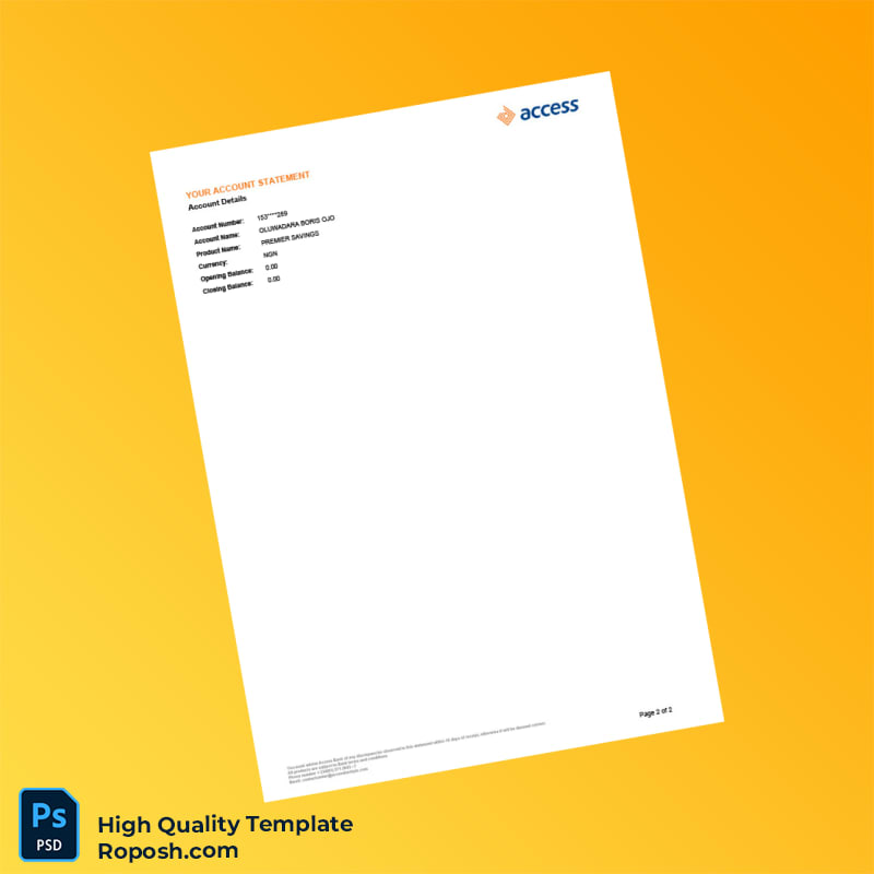 Nigeria Access Bank PLC Bank Statement Template in Word and PDF formats 2 page Nigeria Access Bank PLC Bank Statement Template in Word and PDF formats 2 page