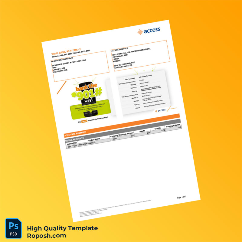 Nigeria Access Bank PLC Bank Statement Template in Word and PDF formats 2 page Nigeria Access Bank PLC Bank Statement Template in Word and PDF formats 2 page