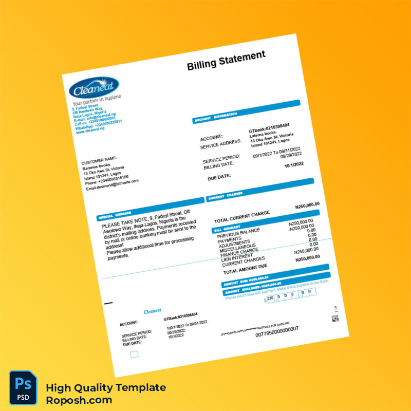 Nigeria Cleaneat Editable Utility Bill Template in Word and PDF formats 2 page Nigeria Cleaneat Editable Utility Bill Template in Word and PDF formats 2 page