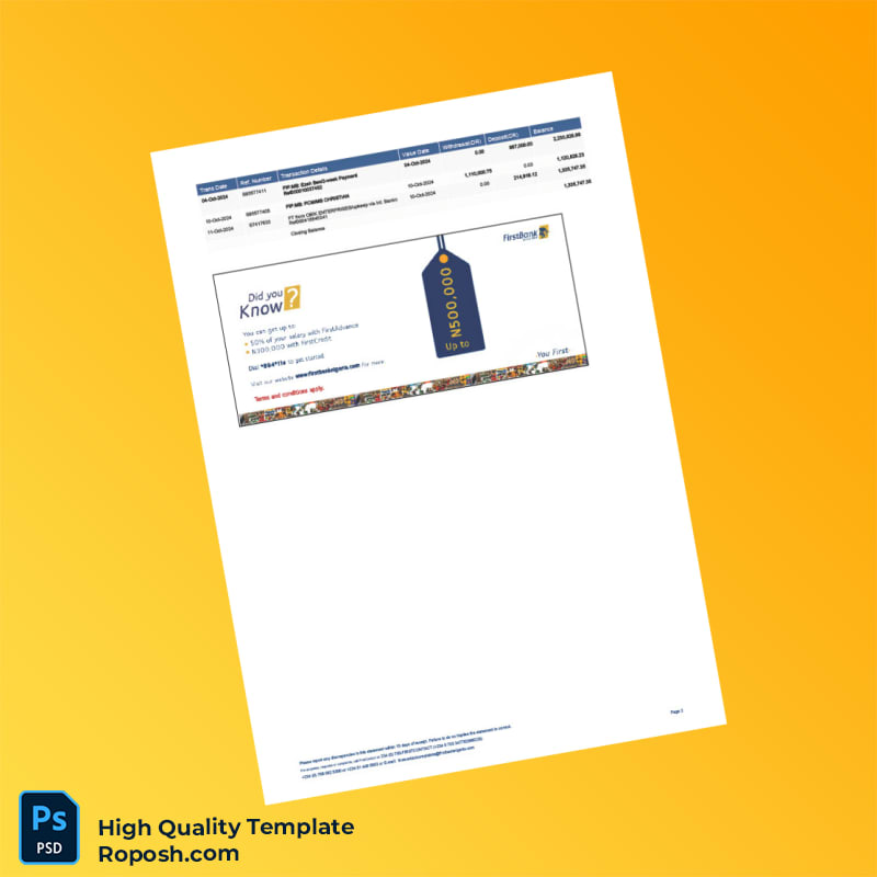 Nigeria FirstBank Statement Template in Word and PDF formats 2 page Nigeria FirstBank Statement Template in Word and PDF formats 2 page