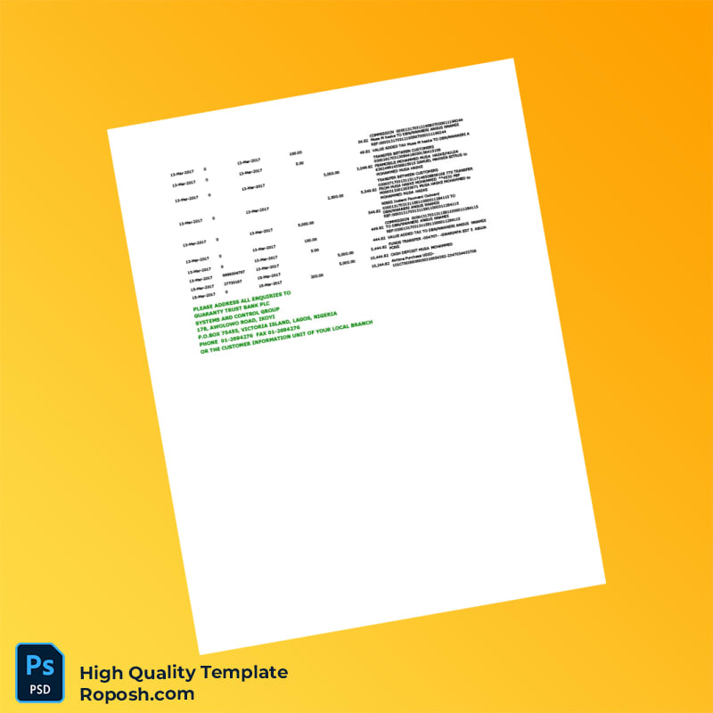Nigeria Guaranty Trust Bank Customer Statement Template in Word and PDF formats 2 page Nigeria Guaranty Trust Bank Customer Statement Template in Word and PDF formats 2 page