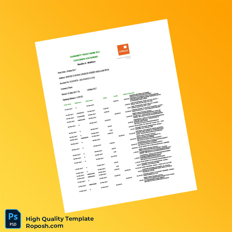 Nigeria Guaranty Trust Bank Customer Statement Template in Word and PDF formats 2 page Nigeria Guaranty Trust Bank Customer Statement Template in Word and PDF formats 2 page