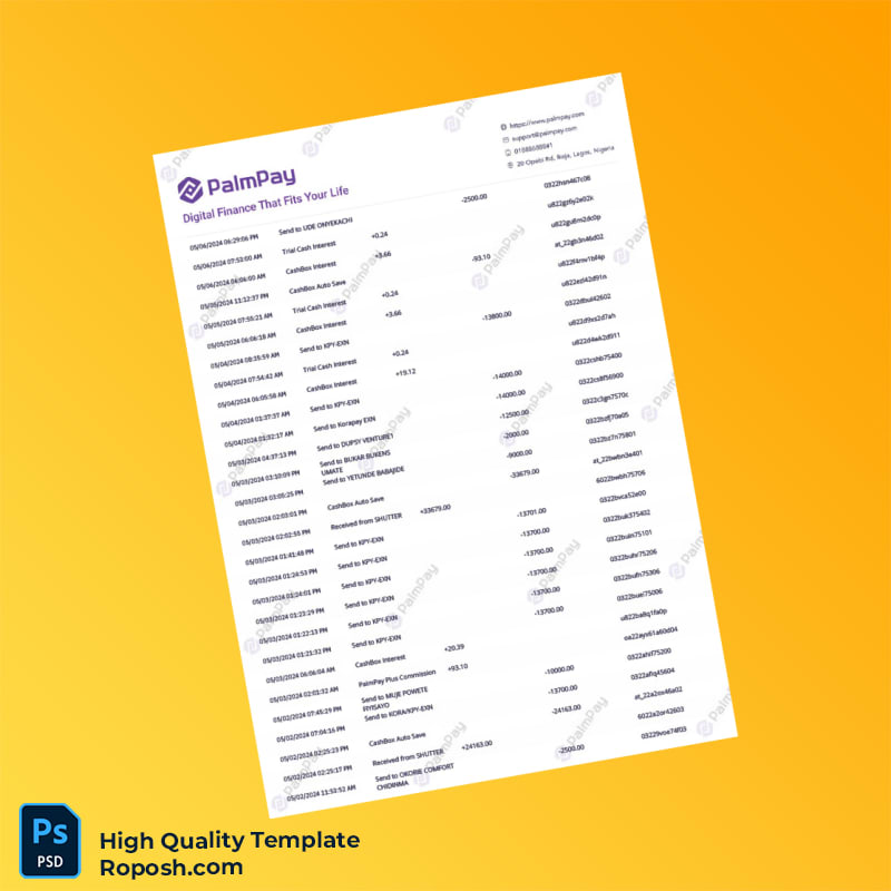 Nigeria PalmPay Account Statement Template in Word and PDF formats 3 page Nigeria PalmPay Account Statement Template in Word and PDF formats 3 page